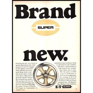 1968 E-T Super Mag Wheels Gold Tone Vintage Print Ad Mustang Muscle Car Wall Art